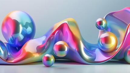 Wall Mural - A 3D rendering of colorful, iridescent shapes.