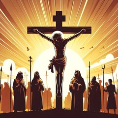 Wall Mural - sunset vector  Illustration of Jesus Christ's Crucifixion silhouette on the Cross, a vital moment in the Christian faith.