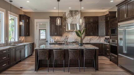 Wall Mural - A modern kitchen with dark wood cabinetry