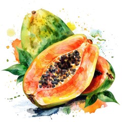 Wall Mural - Papaya Illustration. Watercolor Juicy Fruit Set in Tropical Style