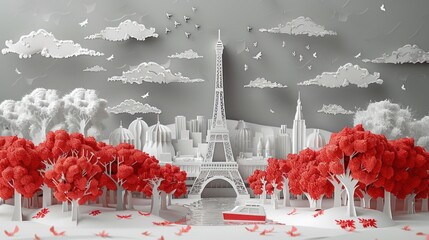 Paper buildings Tower and The Champ de Mars in the form of paper sculptures dark white and red