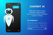 © antoniofrancois - AI chat bot talking with customers at mobile phone. Internet Chatbot in image robot on screen phone click on speech bubble. Artificial intelligence