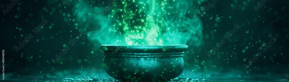 Mysterious green potion bubbling in a cauldron with magical smoke under ...