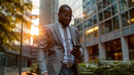 Poster - A man in a suit and tie is walking down a city street while holding a cell phone