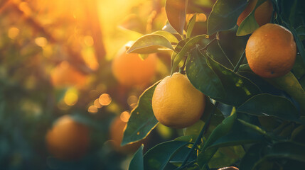 Wall Mural - Oranges on a branch with green leaves on tree. Delicious, ripe, fresh fruits