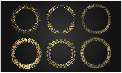 Wall Mural - collection of round golden luxury frames from laurel branches with foliage. vector illustration