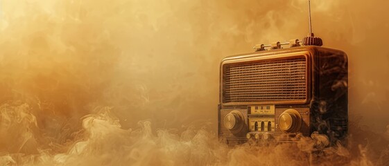 Vintage radio in a misty, foggy atmosphere. Nostalgic, retro-themed image evoking memories of the past, perfect for themed designs or backgrounds.