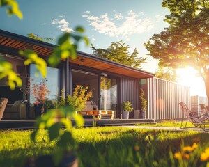 Modern shipping container house for sustainable living in a sunny and eco friendly home environment