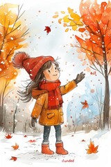 Wall Mural - A cute girl wearing down jacket, wrapped in scarf and gloves standing with her hands raised to make 