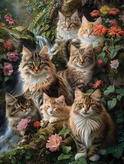 Wall Mural - a group of cats all relating to one another in different poses in a garden playing sleeping sitting and standing of all different realistic colours