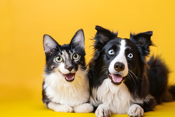 Sticker - Grey striped tabby cat and a border collie dog with happy expression together on yellow background