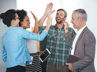 Poster - Business, people and high five in workplace with group, teamwork celebration and employees together Success, hand gesture and professional collaboration for achievement, meeting and target goal