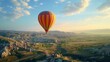 © uros - A colorful festival balloon flies high into the air, sky, rides a tourist who is on travel vacation to have a beautiful journey and experience freedom. In the background is a gorgeous landscape view.