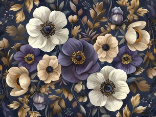 Vibrant Floral Pattern with Purple and White Flowers, Blue Background