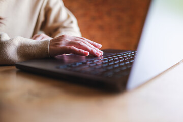 Wall Mural - closeup image of a woman hands working and typing on laptop computer keyboard