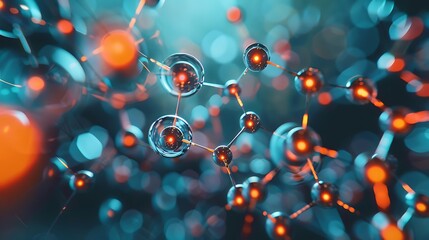 Poster - close up of a molecular structure with a vibrant blue and orange color scheme. Ai generated