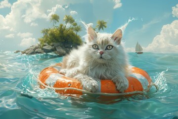 Wall Mural - illustration of a fluffy white cat floating in a life-preserver in the ocean, add a island in the background, wide angle, 