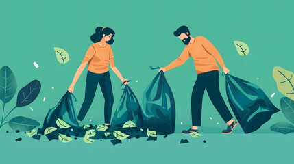 Wall Mural - illustration with green background of two people picking up garbage bags minimalist background