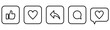 © Aruba - Like, comment, share icon buttons and Thumbs up and love heart flat Black line art icon in modern speech bubble shapes , Social media notification icons. emoji post reactions set. Vector illustration