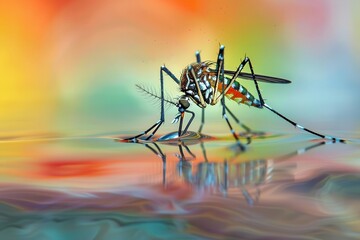 Wall Mural - macro shot of iridescent asian tiger mosquito in profile intricate compound eyes and delicate wings visible perched on edge of water droplet reflecting mysterious forest