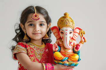 Wall Mural - Indian little girl holding lord ganesha sculpture in hand