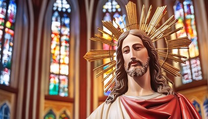 Wall Mural - Statue of Jesus Christ in Church or Cathedral - Depiction of Jesus Christ - Peaceful and Calming Image - Savior of Humanity and Mankind - Image of Christianity - The Shepherd from Jerusalem - Artwork 