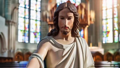 Wall Mural - Statue of Jesus Christ in Church or Cathedral - Depiction of Jesus Christ - Peaceful and Calming Image - Savior of Humanity and Mankind - Image of Christianity - The Shepherd from Jerusalem - Artwork 