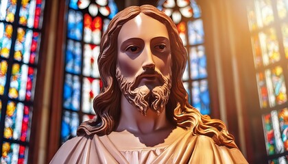 Wall Mural - Statue of Jesus Christ in Church or Cathedral - Depiction of Jesus Christ - Peaceful and Calming Image - Savior of Humanity and Mankind - Image of Christianity - The Shepherd from Jerusalem - Artwork 