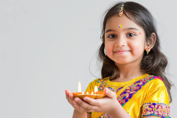 Wall Mural - Indian little girl holding diya in hand on diwali festival