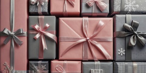 Close-up, precisely arranged gifts form a grid pattern, trendy pink and grey Christmas seasonal background, stylish and festive, clean lines and symmetry.