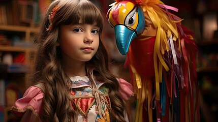 Sticker - Balloon animal in the shape of a parrot on a little girl's shoulder.  