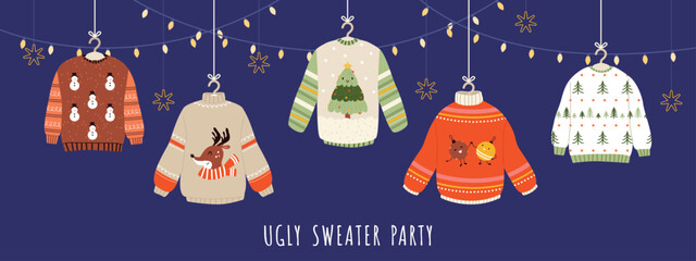 Poster - Ugly sweater banner. Cozy winter sweaters with decor and holiday christmas garlands. Child adult xmas party clothes, snugly festive vector background