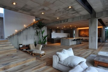 Wall Mural - modern openspace, neutral colors, wooden floor, concrete walls 