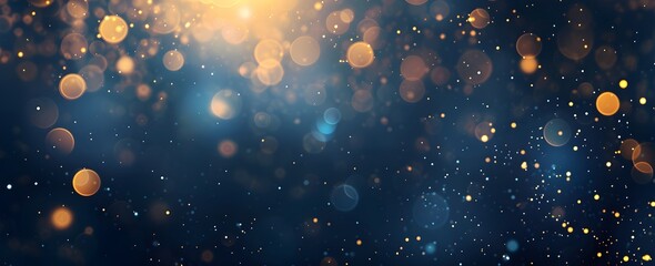 Poster - Abstract dark blue background with bokeh lights and sparkling particles. Christmas, New Year, wedding or other events decoration banner. Vintage, shiny effect for design elements