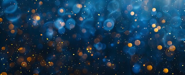 Poster - Abstract dark blue background with bokeh lights and sparkling particles. Christmas, New Year, wedding or other events decoration banner. Vintage, shiny effect for design elements