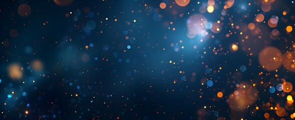 Poster - Abstract dark blue background with bokeh lights and sparkling particles. Christmas, New Year, wedding or other events decoration banner. Vintage, shiny effect for design elements