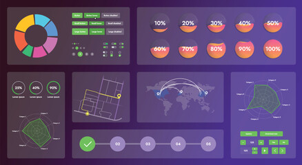 Fototapete - The picture shows the interface of a web application or site, consisting of navigation elements, buttons and various components. Design includes menu, search form, icons and vector graphics.