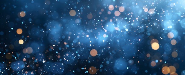 Poster - Abstract dark blue background with bokeh lights and sparkling particles. Christmas, New Year, wedding or other events decoration banner. Vintage, shiny effect for design elements
