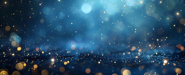 Poster - Abstract dark blue background with bokeh lights and sparkling particles. Christmas, New Year, wedding or other events decoration banner. Vintage, shiny effect for design elements