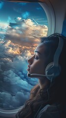 Wall Mural - a photo of a college aged asia girl sleep sitting on the airplane listening to music in background and clouds 