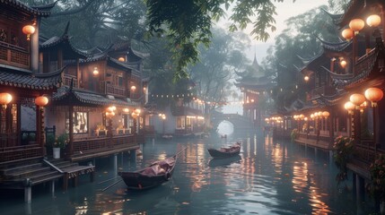 Wall Mural - Ancient Chinese architecture, river, lanterns, boats, exterior, ultra wide angle lens 