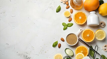 Wall Mural - A vibrant flat lay of healthy ingredients including citrus fruits, herbs, and nuts on a white background.
