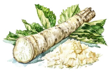 Canvas Print - Delicious Horseradish Root with Fresh Leaves in Watercolor, Perfect Ingredient for Seasoning and Cooking