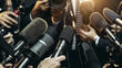 © YURII - Press conference with multiple microphones held by journalists and photographers