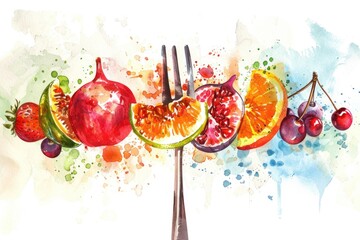 Canvas Print - Fresh Fruit Mix on Fork. Healthy Eating Concept with Watercolor Illustration