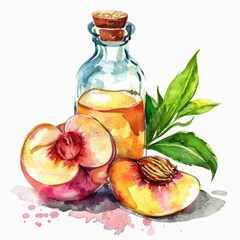 Poster - Fresh Nectarine and Peach Aroma in a Glass Bottle with Watercolor Illustration