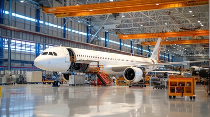 A large white airplane is sitting in a hangar