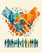 © kazitafahnizeer - Illustration of people working together for International Day of Co-operative, ample copy space, icons of teamwork and handshake