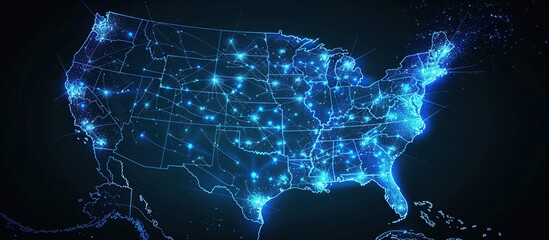 Fototapete - USA Map with Glowing Blue Lines and Dots