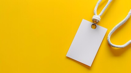 White lanyard and paper empty badge with blank space mock up on yellow background. Flat lay, top view, copy space